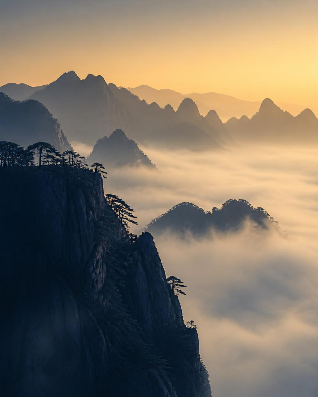 Mist over mountain peaks at sunrise in China