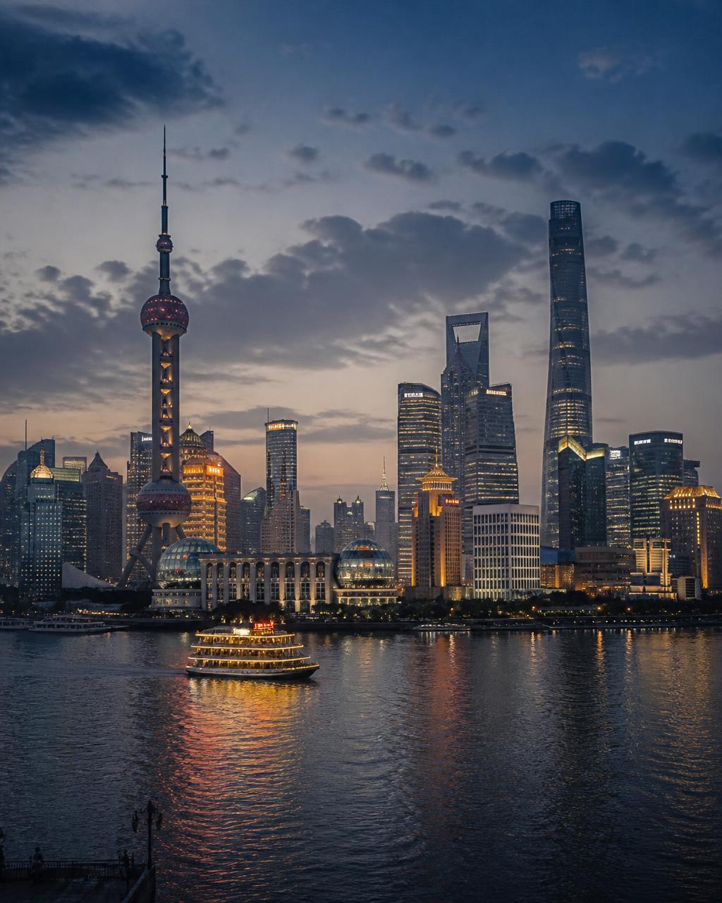 Shanghai skyline at dusk across the Huangpu river